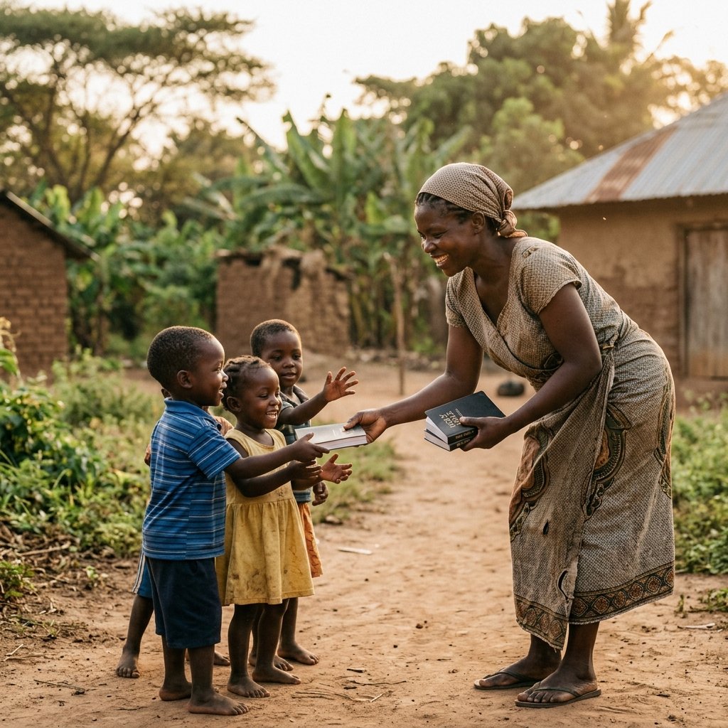 Missionary distributing Bibles to children in a village