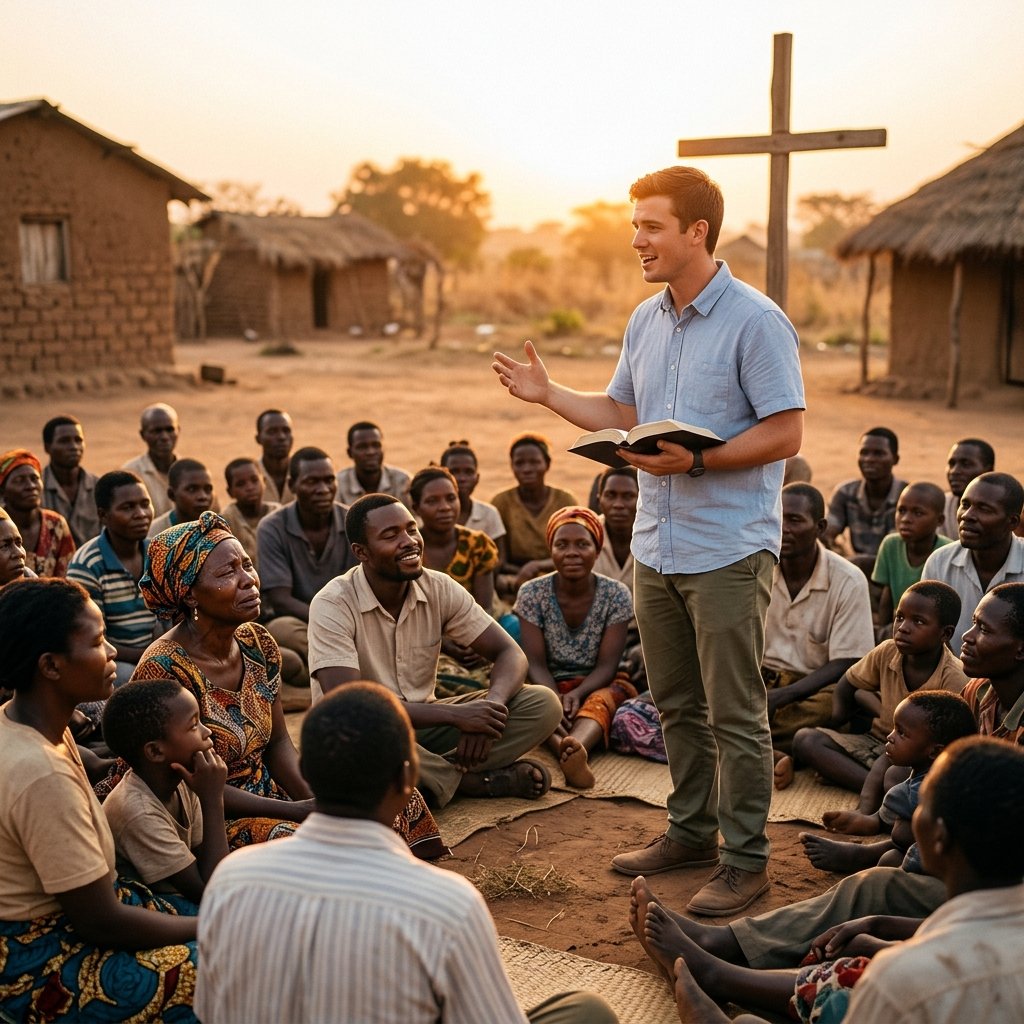 Missionary preaching the Gospel to villagers